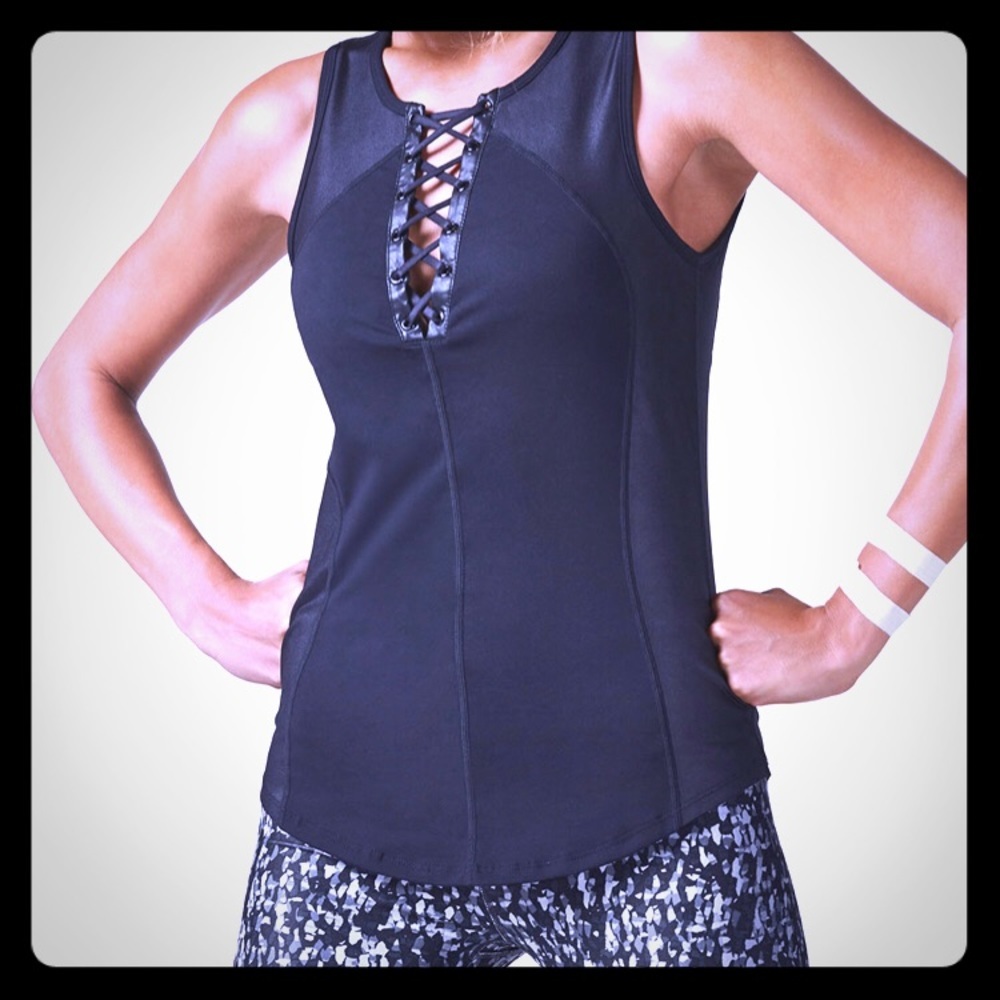 Fabletics corset style black lace up tank